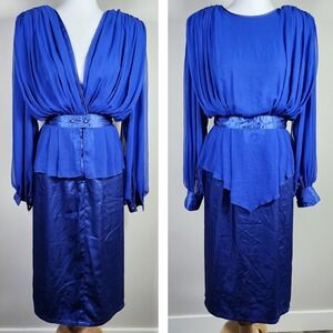 Vintage 80s Chiffon Dress XS Royal Blue Slinky Glam Elegant Dallas Shoulder Pads